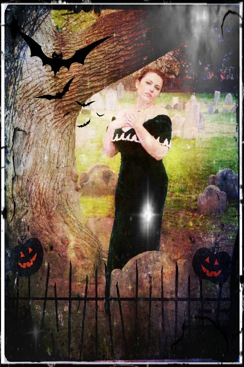 ElanaBohemia's tweet photo. Belated #halloween for #ThrowbackThursday just having fun in the cemetery #pixlr #oldfashioned #greendress #ilovetoedit https://t.co/3rzWiq2Vtt