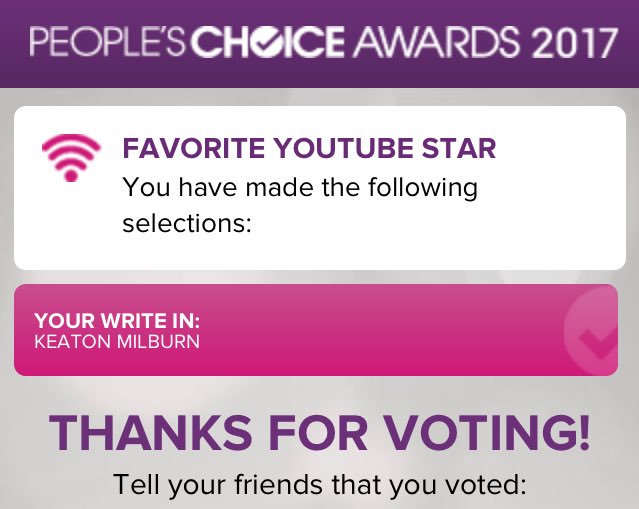 MilburnAnnual's tweet image. I just picked @KeatonMilburn as a nominee for Favorite YouTube Star for #PCAs 2017. Cast your vote now! goo.gl/yHDVgi