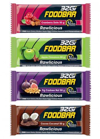 We stock <a href="/32Gi/">32Gi®</a> Foodbars, a range of bars made from only natural ingredients for before, during or after exercise.  32gi.com/foodbars/