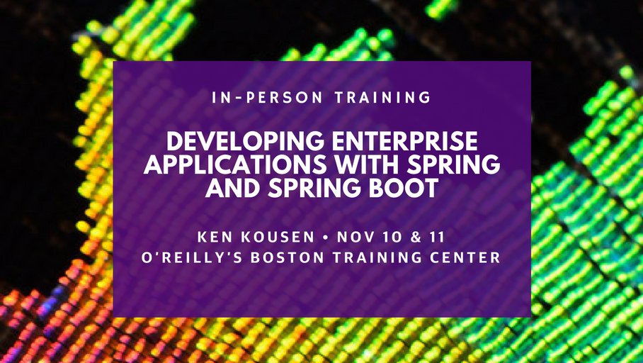OReillyMedia's tweet image. Have the personal attention (and hard-won wisdom) of a leading authority in Spring development: @kenkousen oreil.ly/2dZu3Iq