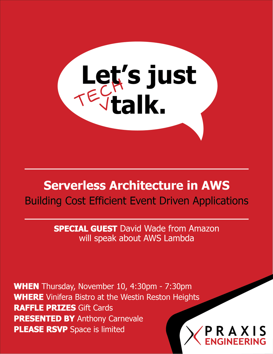 JSuperrecruiter's tweet image. Tech Talk on Thurs 11/10 @ViniferaReston for Serverless Architecture in #AWS! FREE food, drinks and raffle prizes! #lambda #AmazonWebService