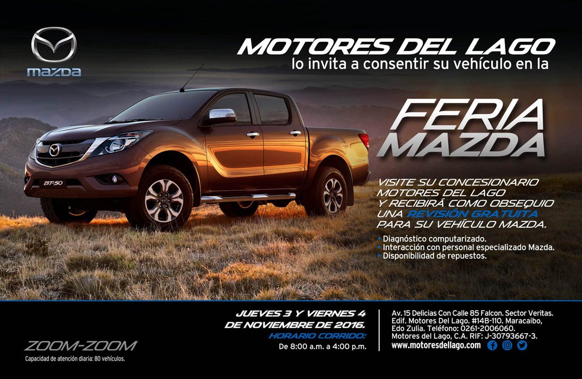 MotoresdLago's tweet photo. HOY 03 Y MAÑANA 04 en Motores del Lago Feria de Servicio MAZDA obtén GRATIS el diagnóstico computarizado para tu vehículo, te esperamos! https://t.co/fhG7Z5IQ8s