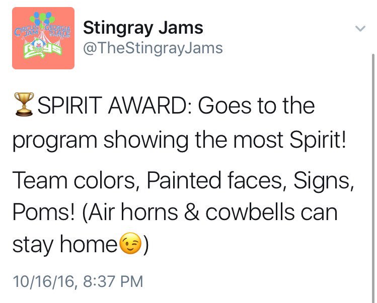 TheStingrayJams's tweet photo. Where you at FANS!!!! The Circus Jam SPIRIT & SPORTSMANSHIP Awards are waiting for YOU!! #GetReadytoJAM https://t.co/pbmqQKSgTB