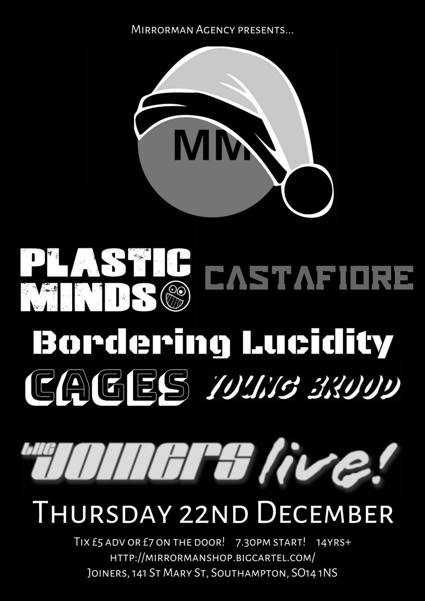 MirrormanAgency's tweet photo. Just announced: @plasticmindsooh @CastafioreBand BorderingLucidity Cages + YoungBrood are #livemusic at our #xmasparty at @joinerslive 22.12 https://t.co/Qe7dY3W8Ej