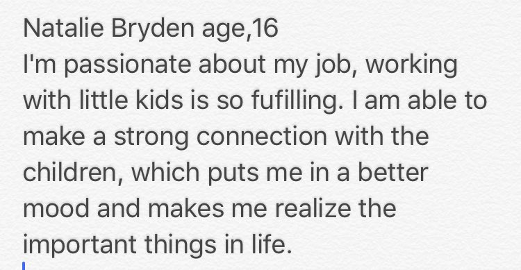 pushforpassion1's tweet photo. Natalie Bryden age,16
I'm passionate about my job, working with children is so fufilling. I love making strong connections with the children https://t.co/4TeDODrpuz