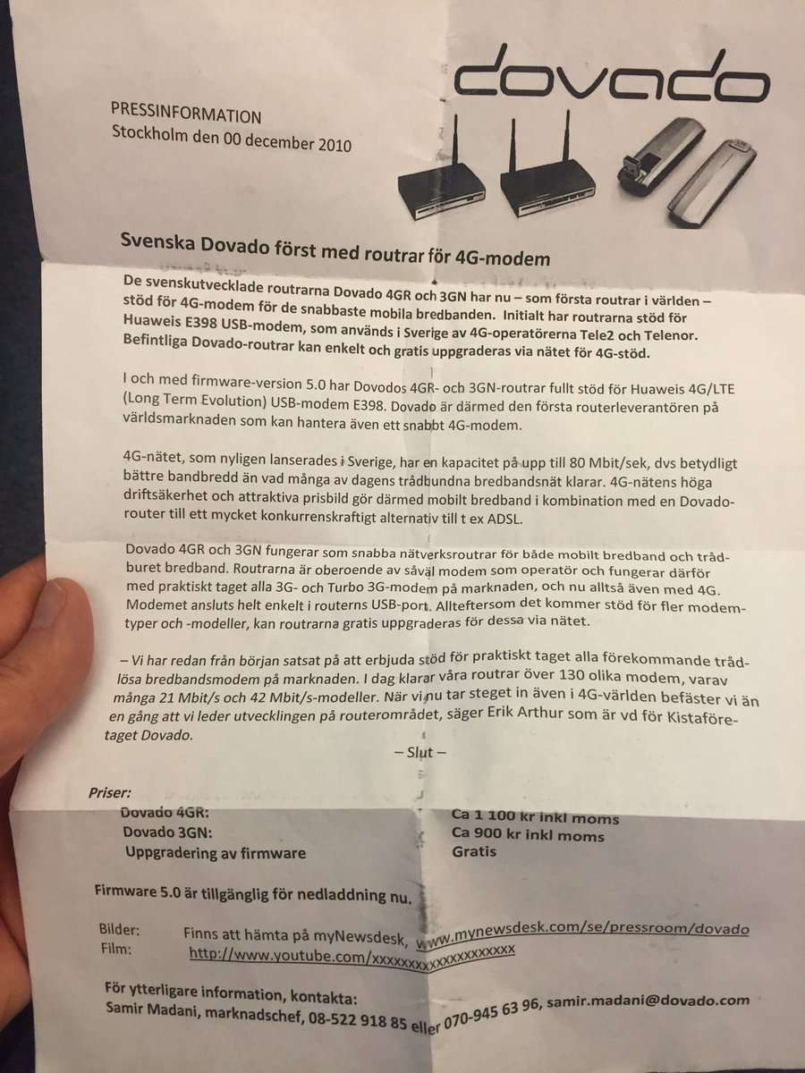 #TBT

Found an old copy (deep in winter coat pocket) of 2010 press release: "Swedish DOVADO is first router brand supporting 4G USB modems".