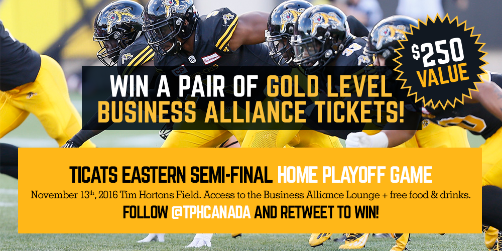 tphcanada's tweet photo. WIN 2 Gold Level Tickets to the @Ticats Eastern Semi-Final Home Playoff Game on Nov 13th! Follow @tphcanada &amp; retweet to win! #CFL #Ticats 🐯 https://t.co/lnwK89xRyO