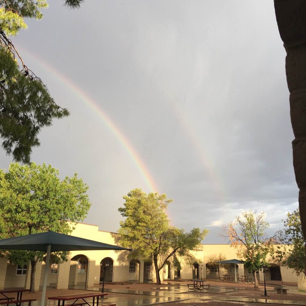 dvesmustangs's tweet photo. 3rd Grade teacher Mrs. Kleyn captured this picture of a double rainbow over DVES after a rainy morning! Happy Thursday! #dvesmustangs https://t.co/pPD62oll2d