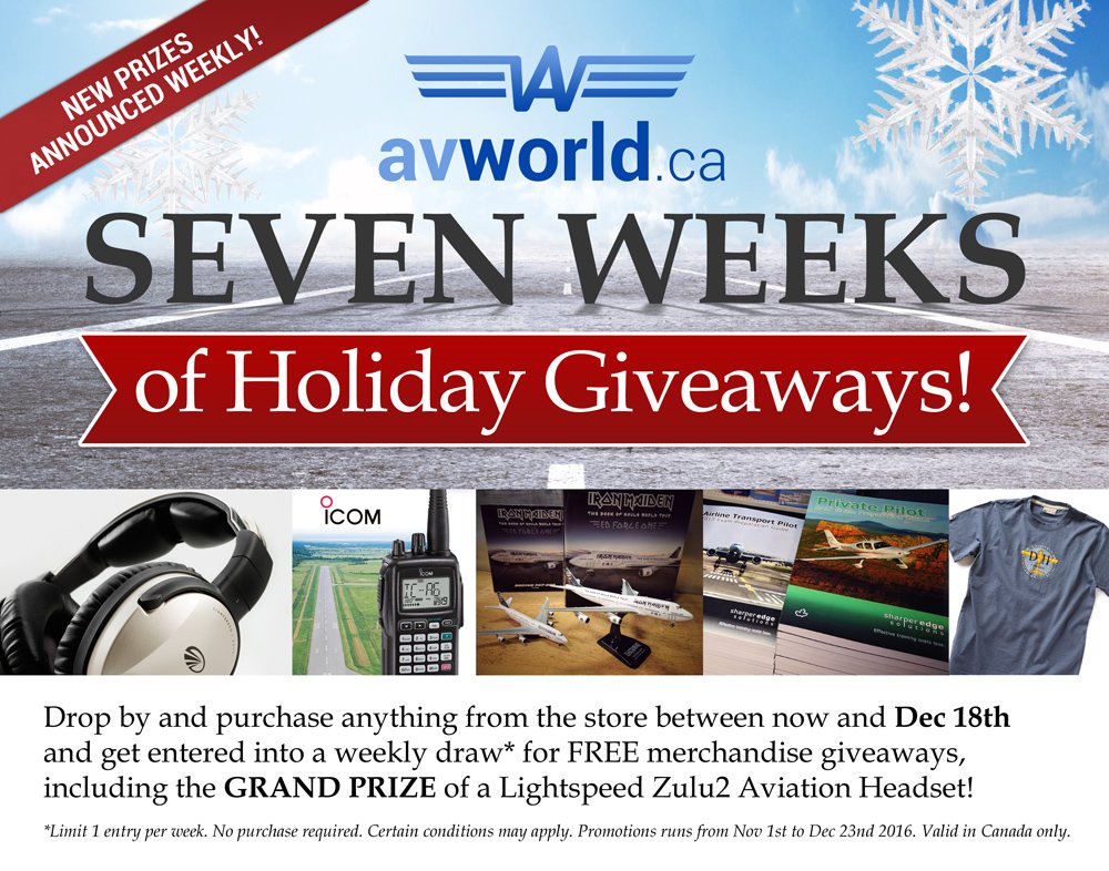 AW_Canada's tweet photo. NOTAM: Drop by Avworld between now and Dec 18th and get entered into a weekly draw* for FREE merchandise giveaways (to be announced weekly)! https://t.co/iBejVlErfA