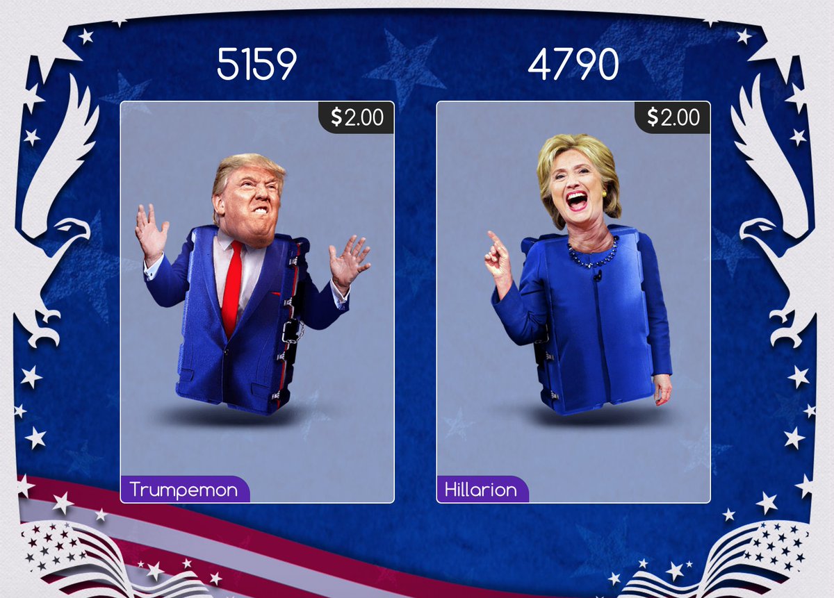 KappaDeals's tweet photo. Instant Hillarion/Trumpemon GA (5 wins):
-Follow @DrakeMoon
-RT
-Paste your affiliate URL
-Tag a friend
-Go https://t.co/8HexZwBczr https://t.co/7HimfxxZI9