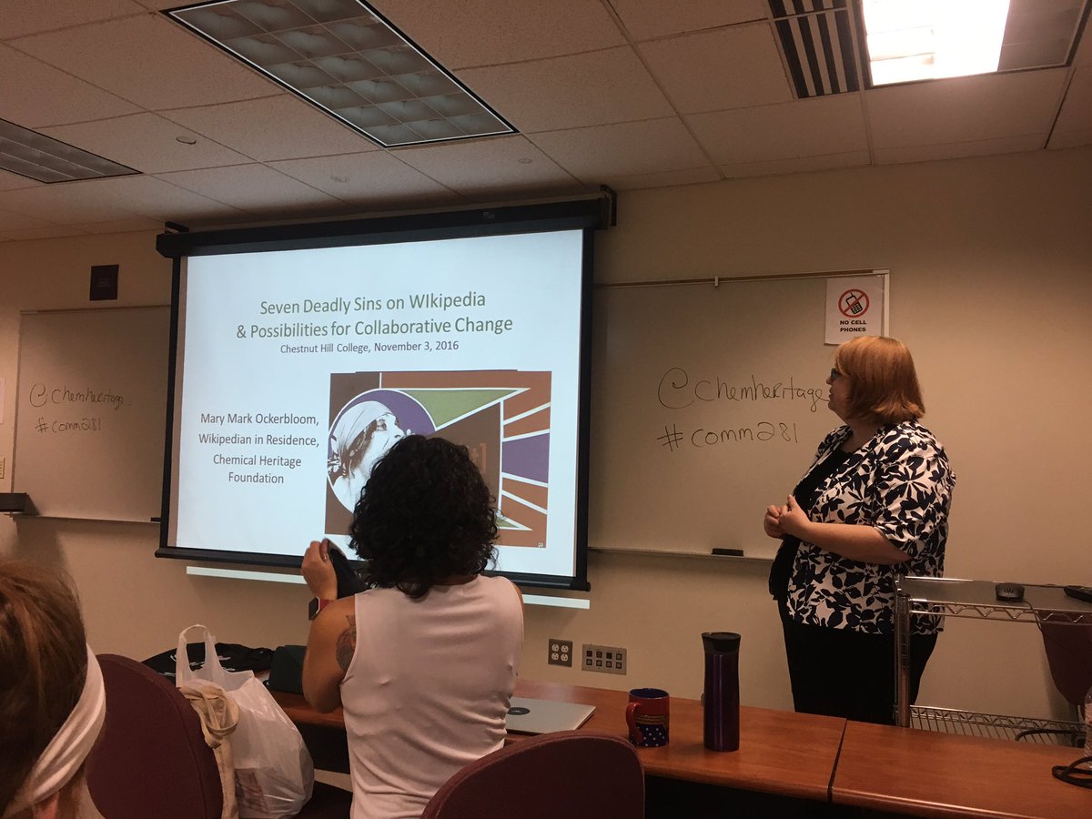 Darby_White's tweet photo. We welcome Mary Mark Ockerbloom to #Comm281 to talk about savvy Wikipedia dos, don'ts & the potential of collaboration online @ChemHeritage https://t.co/tdxItLkqjX