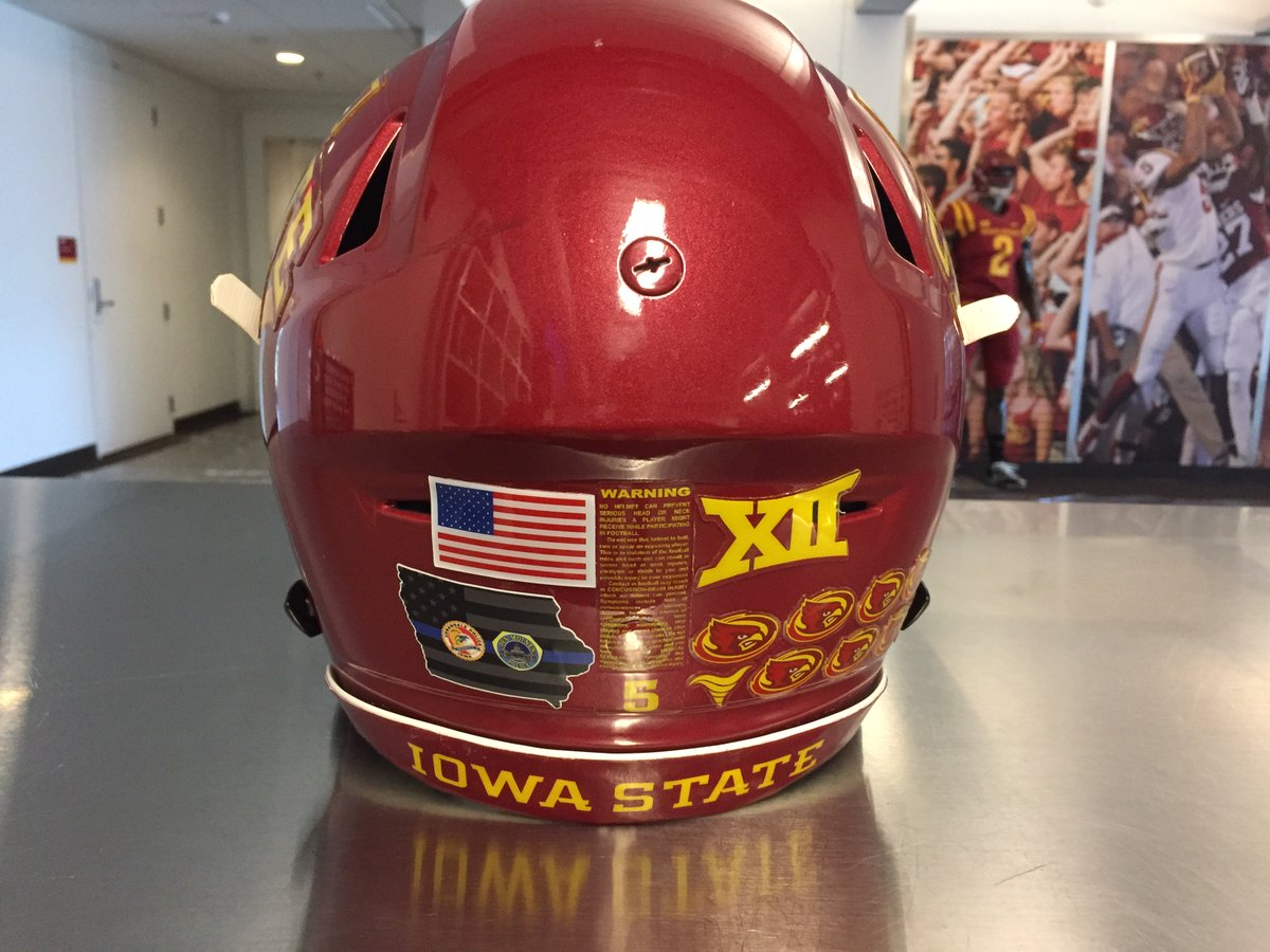 CycloneFB's tweet photo. We are wearing this helmet decal tonight in support of the @DMPolice &amp; @UrbandalePolice departments. #CyclONEnation https://t.co/ykWy0zFGlH