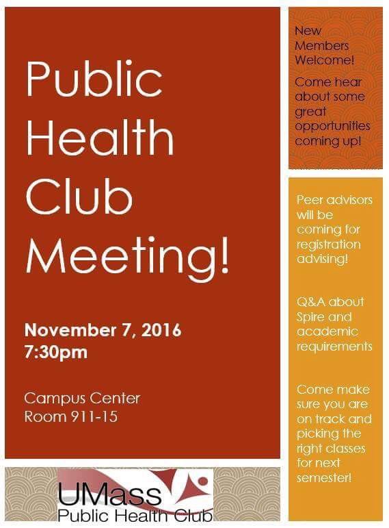 UMassPHC's tweet photo. Don't miss out on the next Public Health Club meeting Monday November, 7 at 7:30 PM in the campus center room 911-15!! https://t.co/81h8WJwIlQ
