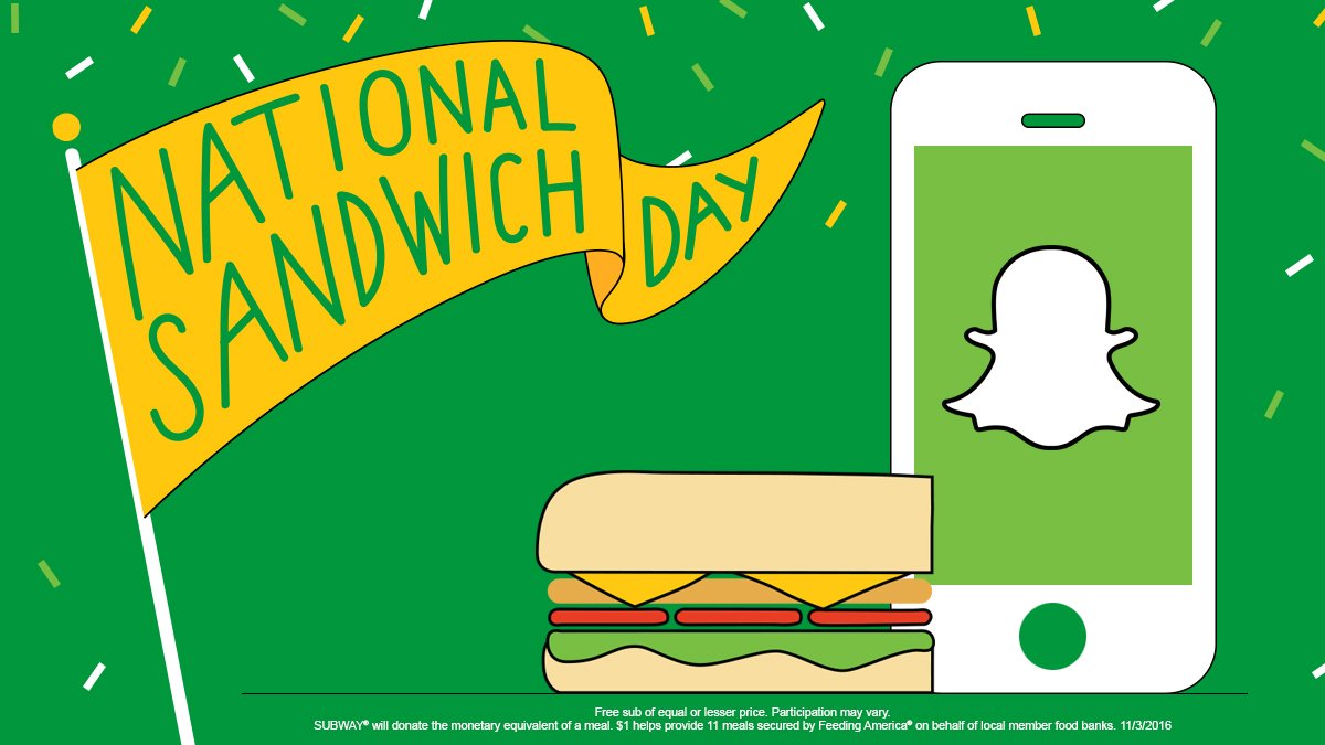 SUBWAY's tweet photo. Oh, snap! There’s an exclusive #NationalSandwichDay Snapchat filter in SUBWAY stores! #GoodDeedFeed https://t.co/aSKjxsT0nz