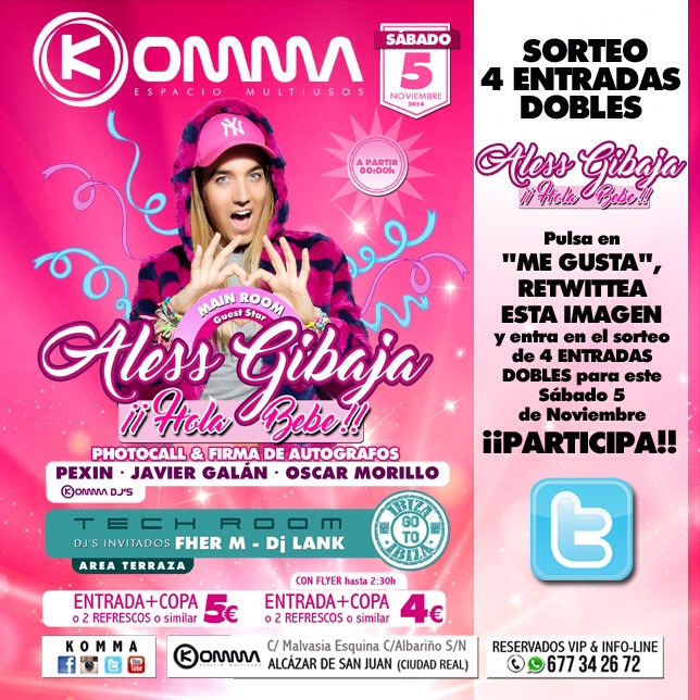KommaAlcazar's tweet photo. Pulsa " ME GUSTA",RETWITTEA ESTA IMAGEN y entra en el sorteo de 4 ENTRADAS DOBLES para ALESS GIBAJA en KOMMA Espacio Multiusos
!!Participa!! https://t.co/ttG4F2oCQX