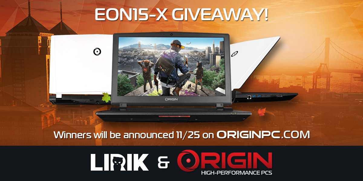 ORIGINPC's tweet photo. We've teamed up w/ @LIRIK to give away an EON15-X as a thanks to our communities!

Sign up: https://t.co/epcvXwBDHm

10 runner ups get WD2! https://t.co/SKUZw4DQlC