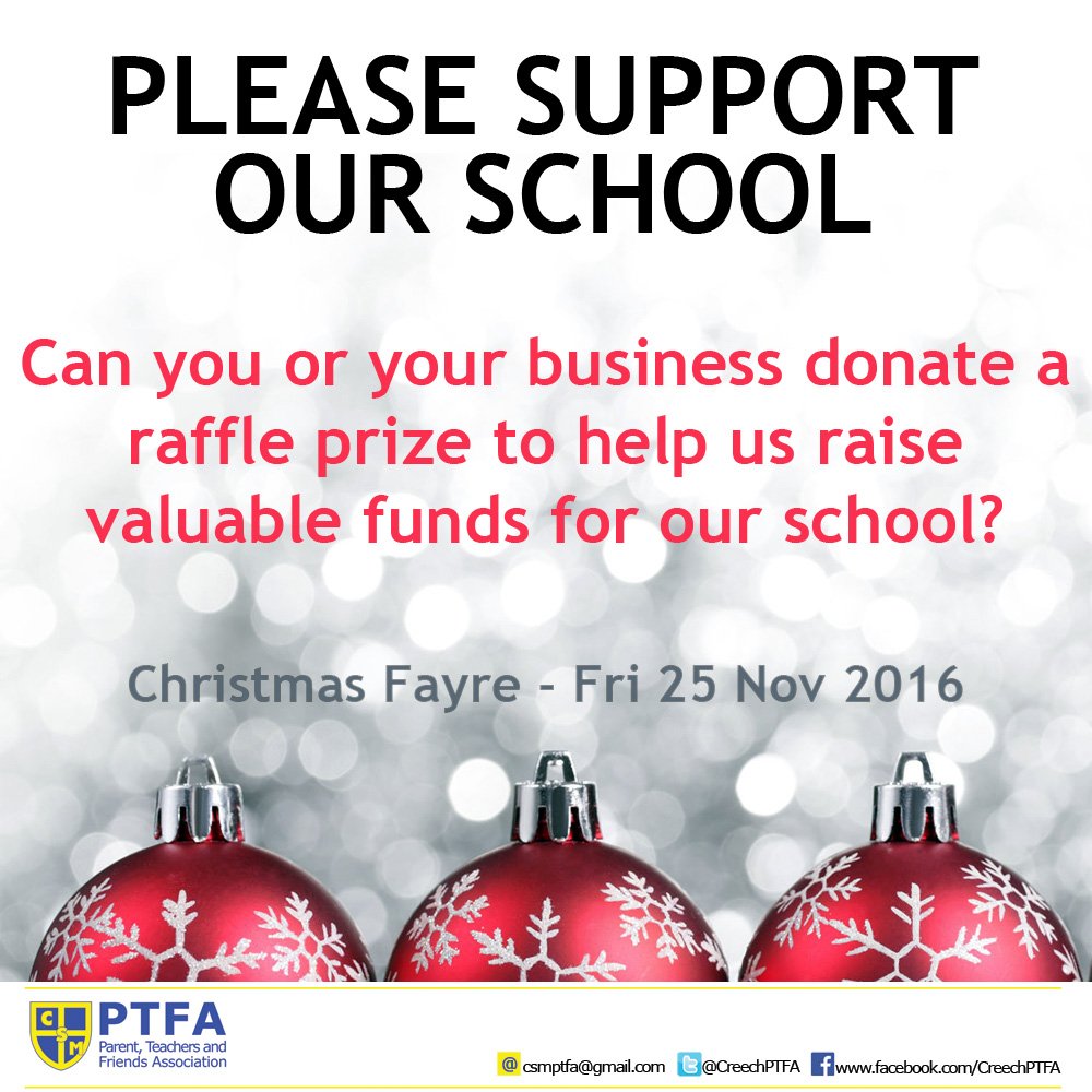 CreechPTFA's tweet photo. Can you help support our school by donating a raffle prize? Please contact us on csmptfa@gmail.com @creechstmichael #christmasfayre #taunton https://t.co/JiKb5gaN3u