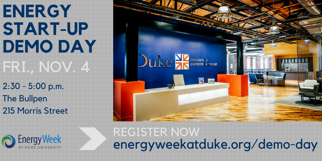 DukeUEnergy's tweet photo. What’s new w/ #Triangle #energy #entrepreneurs? Sign up for #EnergyWeekDuke Demo Day: 11/4, 2:30-5, at @EshipAtDuke https://t.co/dC3YaqfuXV https://t.co/lvUYieJPnn