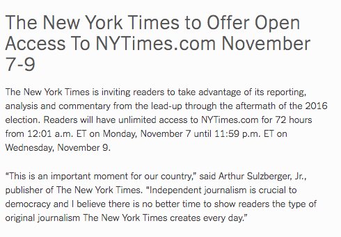 cliffordlevy's tweet photo. Hey, world! Access to @nytimes will be completely free Nov. 7-9 https://t.co/6MS2klUq1F https://t.co/SPCsbKu1rW