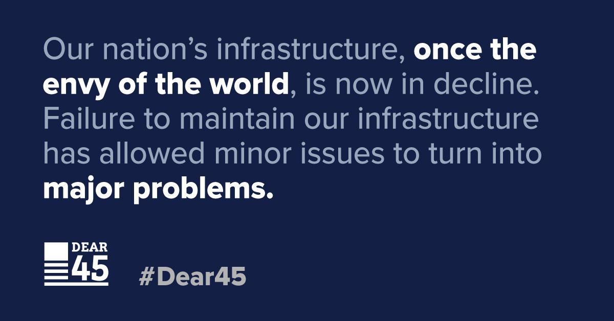 USChamber's tweet photo. POTUS 45: America's Infrastructure is falling apart. Leadership will be critical  https://t.co/l3vHZPrMzR #Dear45 https://t.co/Dvt5onSUO8