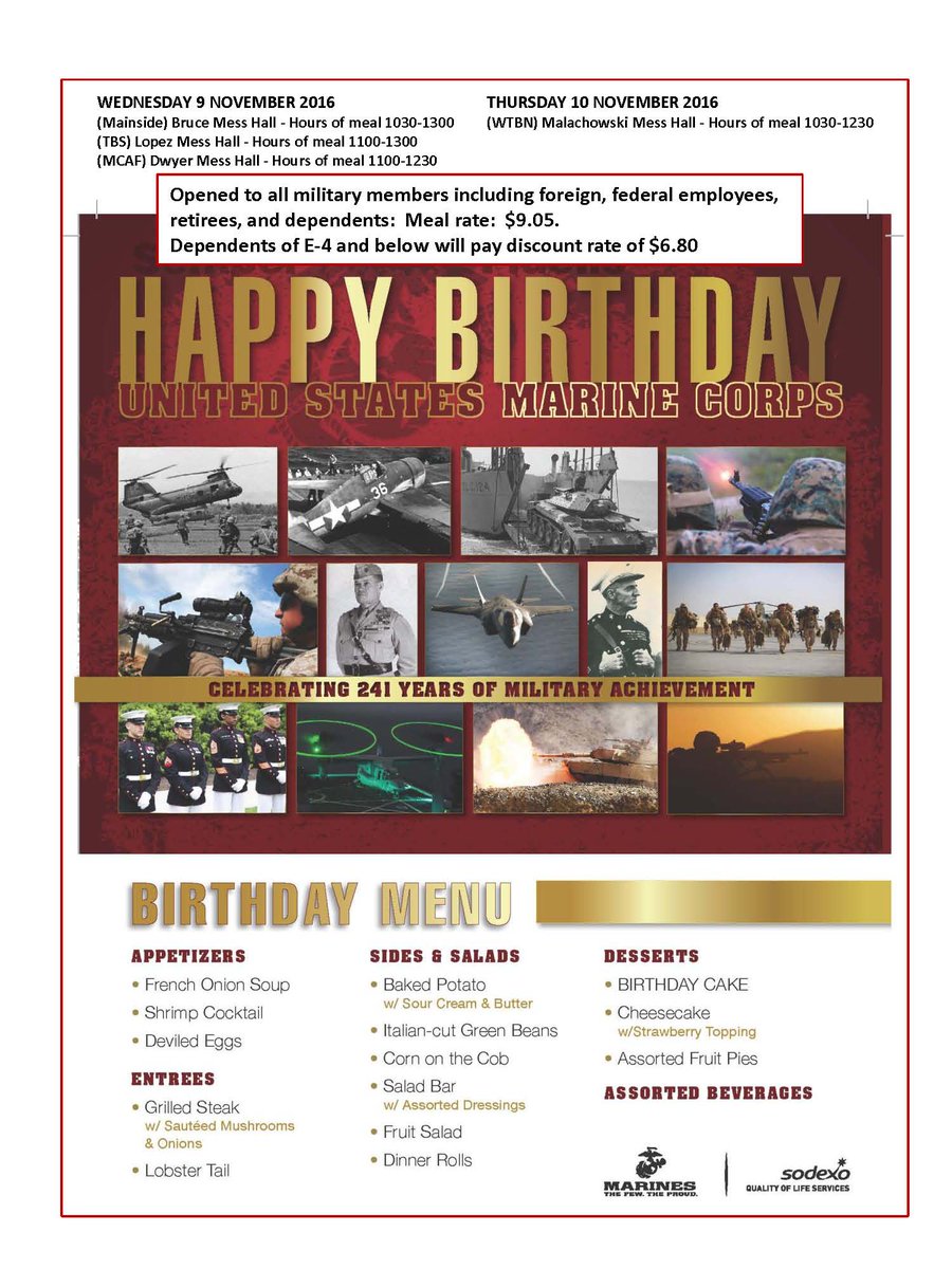 MCB_Quantico's tweet photo. Mark your calendars and save your appetite for the Marine Corps Birthday Meal @MCB_Quantico on November 9 #mcbquantico #marinecorpsbirthday https://t.co/QU955G7gLH