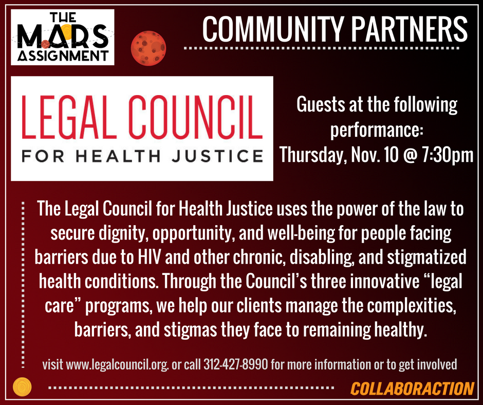 Collaboraction's tweet image. We're proud to have the Legal Council for Health Justice as a partner for #TheMarsAssignment on Nov. 10! Learn more: ow.ly/U6PC305MYsc