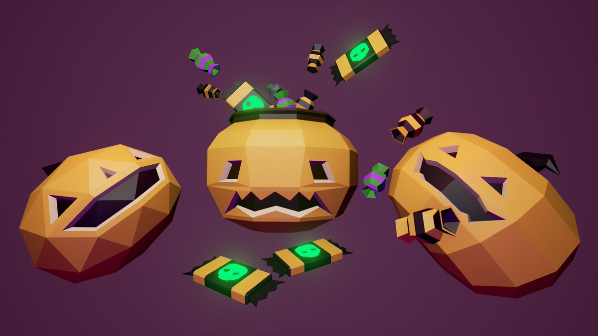 LogansLevel's tweet image. Happy Belated Halloween! Made some #LowPoly Jack O&apos;lanterns &amp;amp; Candy. Modeled in #Blender, Rendered in #UE4 #gamedev #indiedev