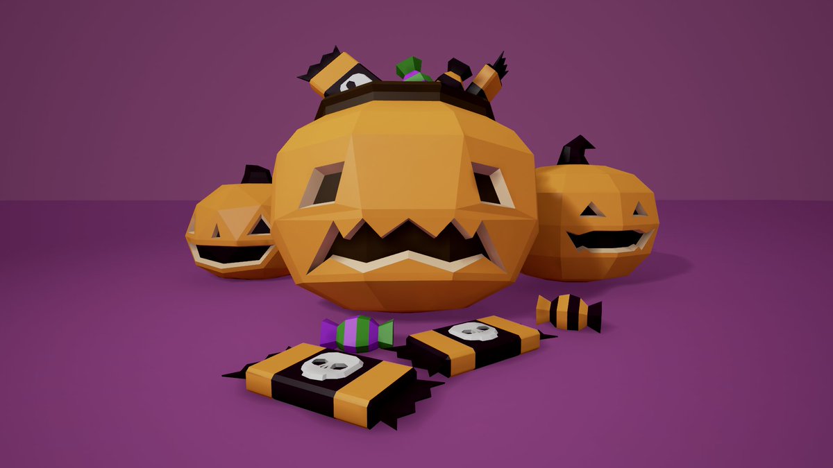LogansLevel's tweet image. Happy Belated Halloween! Made some #LowPoly Jack O&apos;lanterns &amp;amp; Candy. Modeled in #Blender, Rendered in #UE4 #gamedev #indiedev