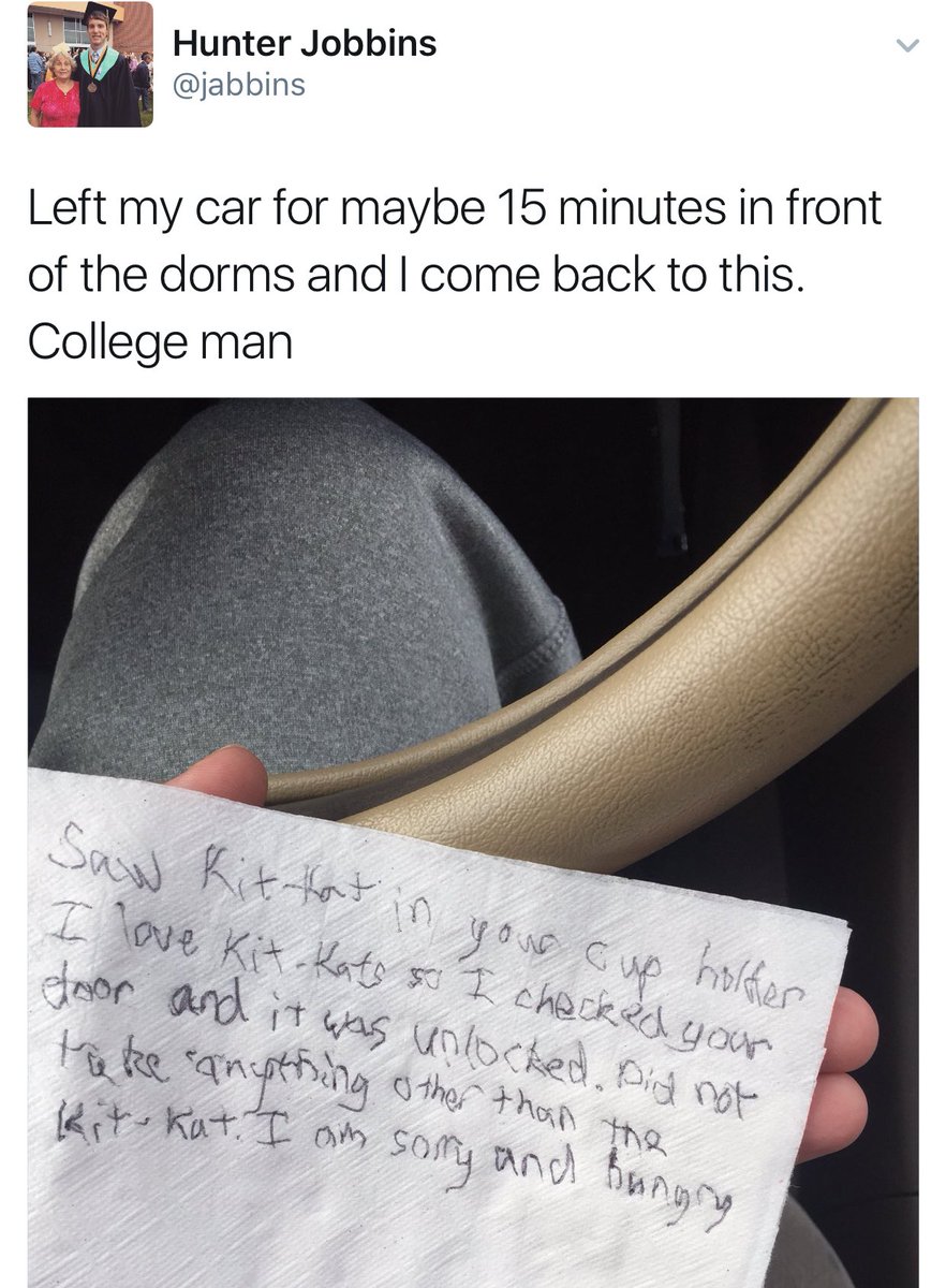 darrenrovell's tweet image. Kansas State student had Kit Kat stolen from his car. Hershey execs saw note, filled his Camry with 6,500 Kit Kats