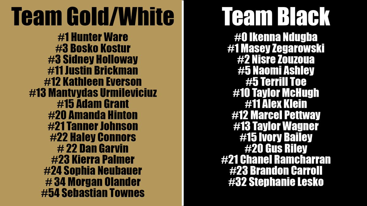 BryantAthletics's tweet photo. Here are tonight's MM rosters. Gold/White is Team First Lady and Black is Team Prez. Retweet for #TeamFirstLady | Like for #TeamPrez https://t.co/30qDNLgN1Q