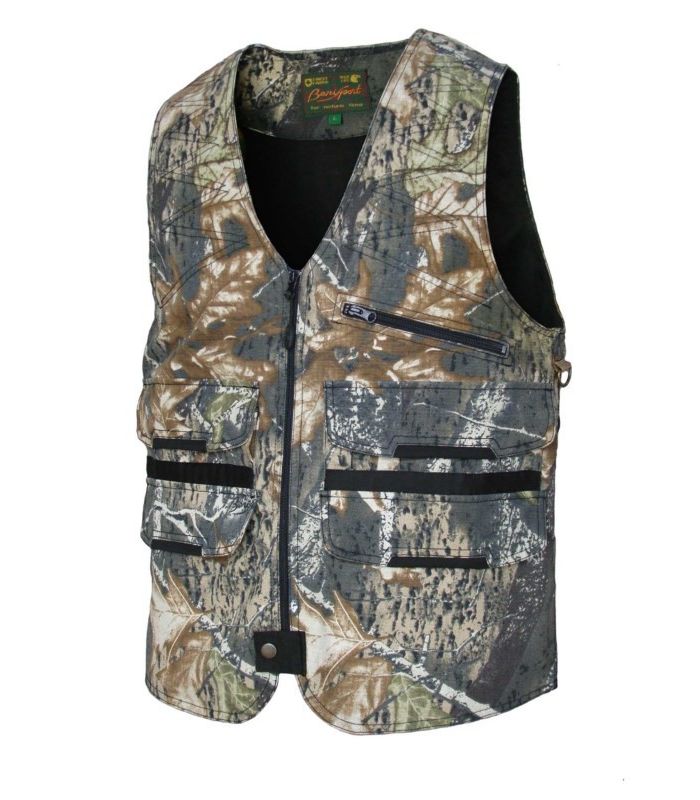 Chaleco camu 749 Flecha, tejido ripstop antidesgarro 50% algodón y 50% poliéster, doble morral trasero. armeriasabater.com #caza