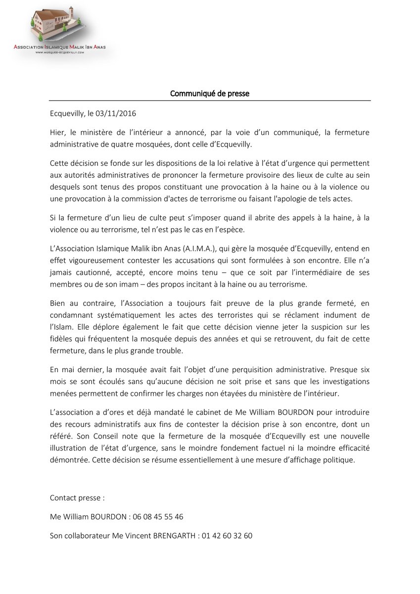 malikibnanas's tweet photo. Communiqué suite à l’arrêté de fermeture de la mosquée d'Ecquevilly. #soutienAIMAecquevilly https://t.co/fGQbXyFJPo