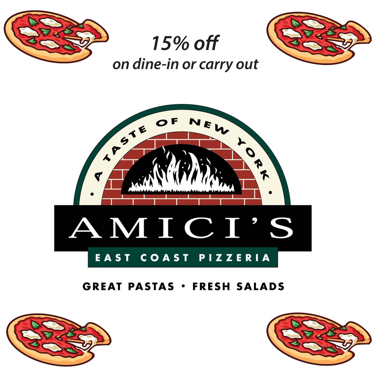 DUdiscounts's tweet photo. Amici's Pizzeria offers a 15% discount on dine-in or carry out orders. Make sure to stop by to get a yummy pizza! #dudiscounts https://t.co/dJvEiR0JaX