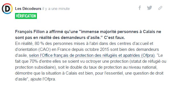 La majorité des personnes à Calais 'pas des demandeurs d'asile' ? (@FrancoisFillon). C'est faux #PrimaireLeDebat lemonde.fr/election-presi…