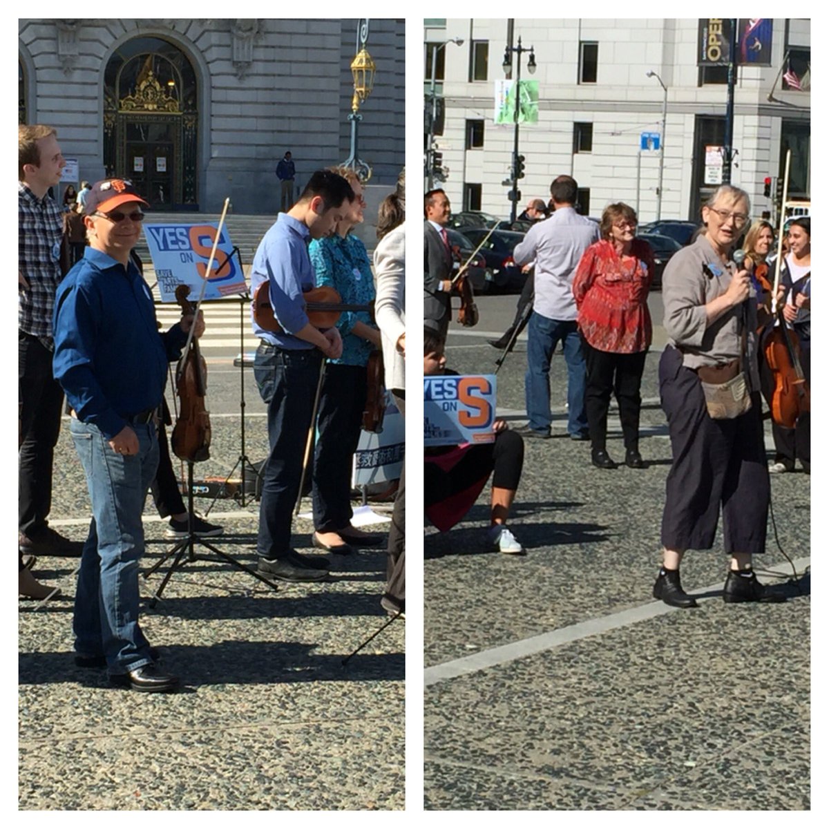 Craig Reiss, violinist and Patty Heller, violist from @sfoperaorch in a flashmob outside City Hall today in support of Prop S. #YesOnS