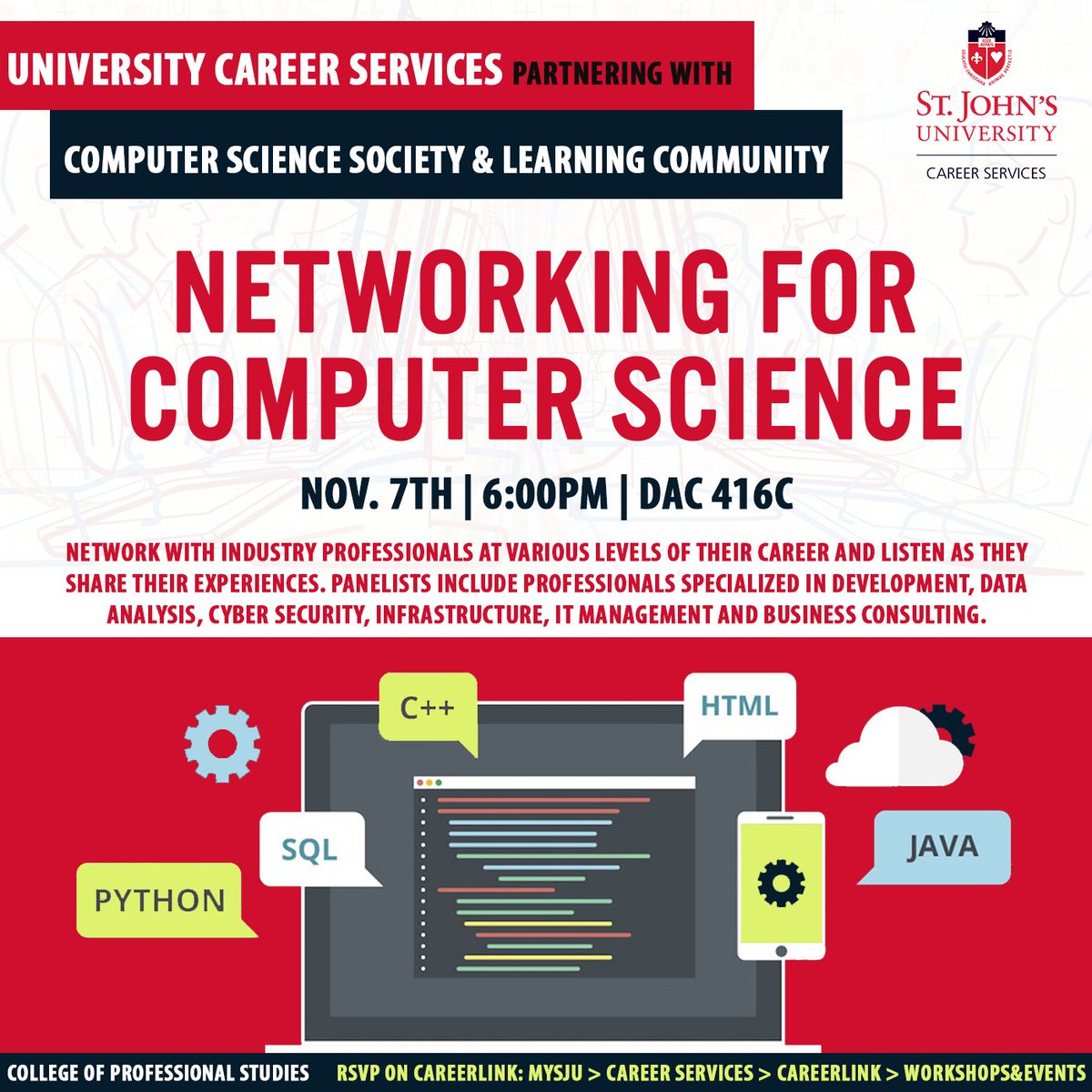 GetHIREDStJohns's tweet photo. Johnnies! November 7th at 6pm is the day to come to our Networking event for Computer Science Majors! RSVP on CareerLink. DAC 416C, #GOSJU https://t.co/Dv0RFh2a9h