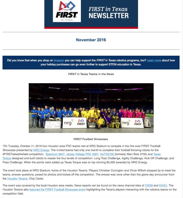 FIRSTinTexas's tweet image. Hot off the virtual press! FIRST in Texas November Newsletter:Robots+Football, #FIRSTtakesthefield, #TAPPSRobotics, #FLLBlockParty @FIRSTRGV