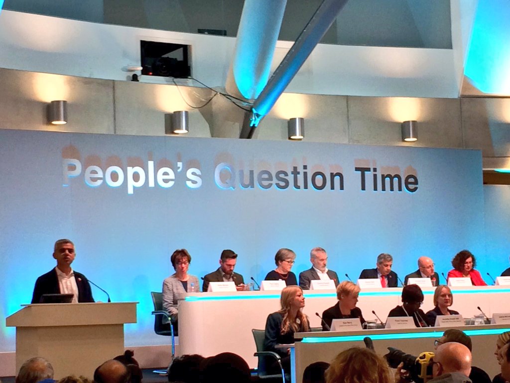 SadiqKhan's tweet photo. Really enjoyed hearing from Londoners at my first People’s Question Time. Thank you Brent for such a warm welcome #PQT #LoveLondon https://t.co/e6eK1R47Ff