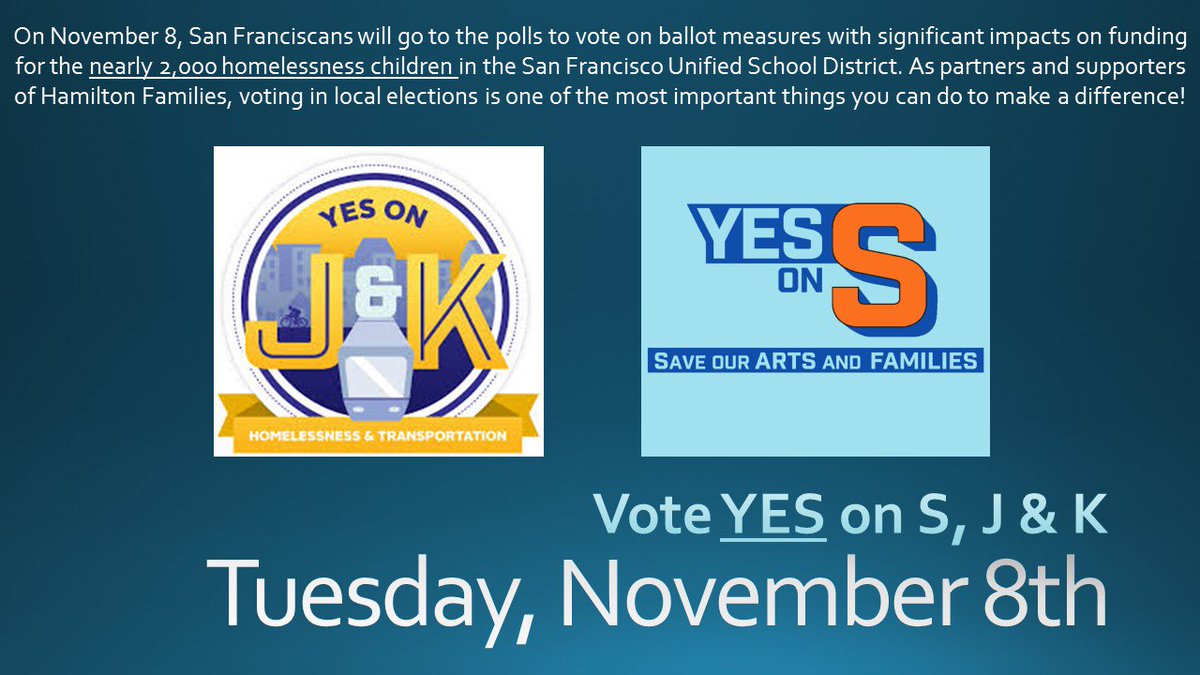 Join us this Tuesday and vote YES on S, K &amp; K to #endfamilyhomelessness in SF! <a href="/yesonjandk/">Yes on J & K</a> <a href="/bettersf2016/">Yes on Prop S</a> #WeAreCommunityStrong