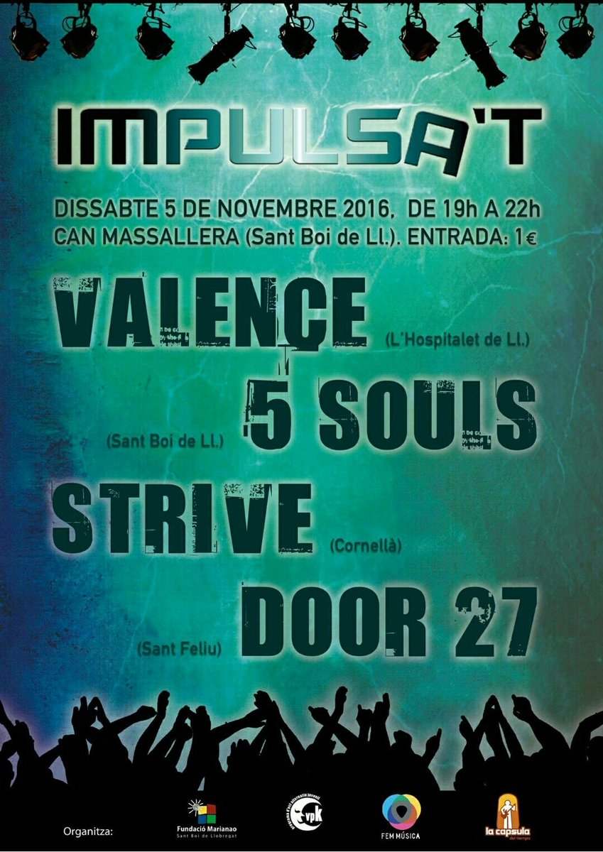 Amig@s, este sábado tocamos en Sant Boi en el concurso Impulsa't. Solo tocaremos media hora pero os aseguramos que va a ser muy potente!!!