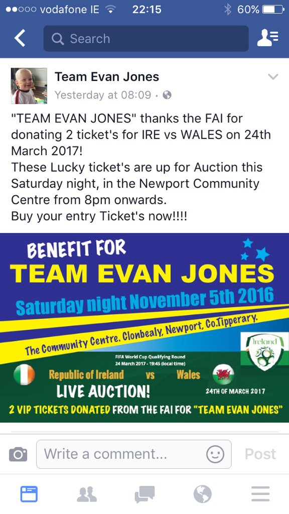 teamevanjones's tweet photo. Thanks to @FAIreland for donating two tickets for IRE V @FAWales on the 27th of March. #teamevanjones #liveauction https://t.co/Tg1AeMjOG1