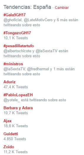 teleaudiencias's tweet photo. #Gala9GH17: El hashtag #TongazoGH17 se convierte en Trending Topic, tras escuchar en el 24h a un trabajador de 'GH' decir que Alain se irá. https://t.co/UmTIuIpTjt