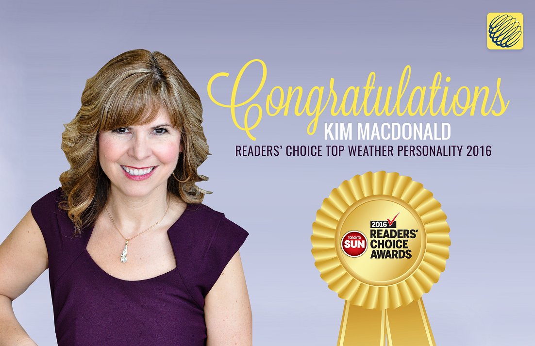 weathernetwork's tweet photo. Join us in congratulating our own @KMacTWN voted Top Weather Personality for the 2nd year in a row in @TheTorontoSun #SunRC2016 Awards! 🏅🎉 https://t.co/BYfP7oJ7OX