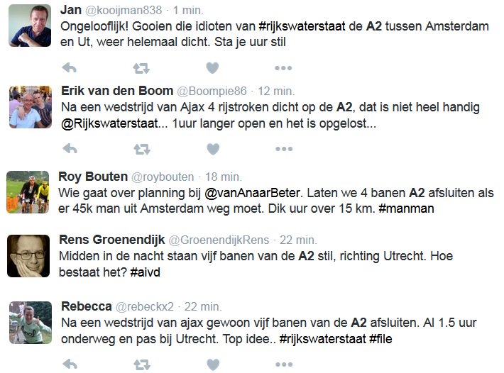 Veel Ajaxfans staan al 1 tot 1,5 uur vast op de #A2 bij Breukelen. En ze zijn best wel boos #werkzaamheden