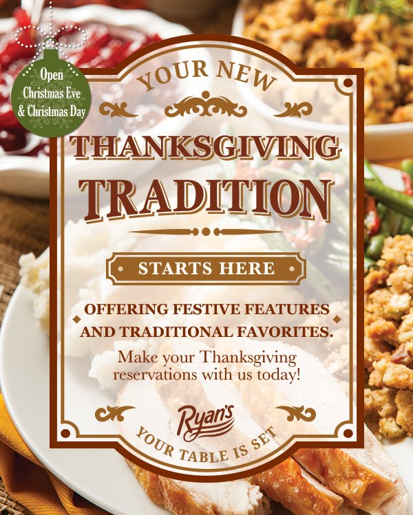 ryansgrill's tweet photo. Let us take care of you and yours this Thanksgiving—make your dinner reservations early! https://t.co/3ngYNF2P45