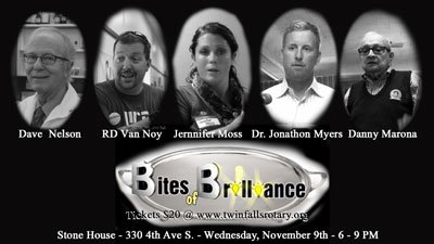 TFRotary's tweet image. Our Bites of Brilliance - Fall 2016 edition is Wednesday Nov 9th.  tickets online or at the door.    twinfallsrotary.org..$20 fundraiser