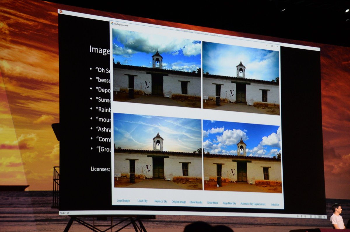 clockmaker's tweet image. 左の写真は曇りの日に撮影した写真。これを空のトーンを調整する技術「 #SkyReplace 」にかければ、青空や夕焼け空の写真に変換できる。会場歓喜！
#AdobeMAX #MAX野郎