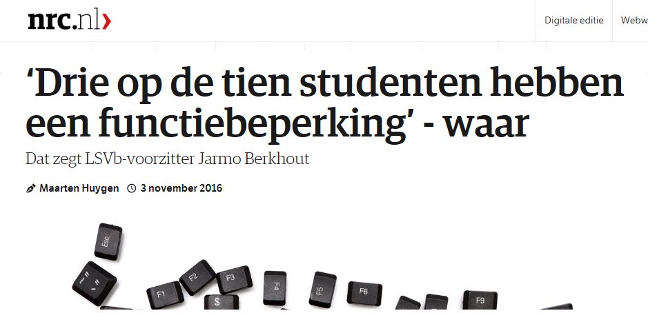 3 op de 10 studenten heeft n functiebeperking. 'N mooi vb is de meest voorkomende functiebeperking, #dyslexie (7%) goo.gl/ndtYOQ