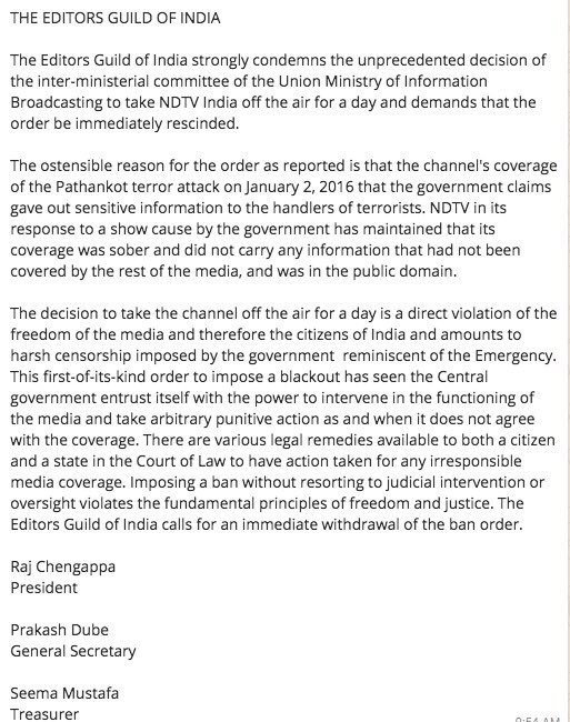 ShekharGupta's tweet image. Firmly worded Editors&apos; Guild condemnation of ban on NDTVIndia. Correct to call it censorship, compare with Emergency