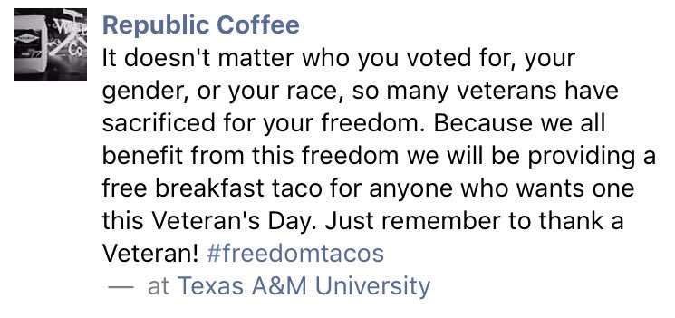 AggielandCoffee's tweet photo. Come enjoy some #freedomtacos and thank a veteran. https://t.co/3KFqNkX2uh